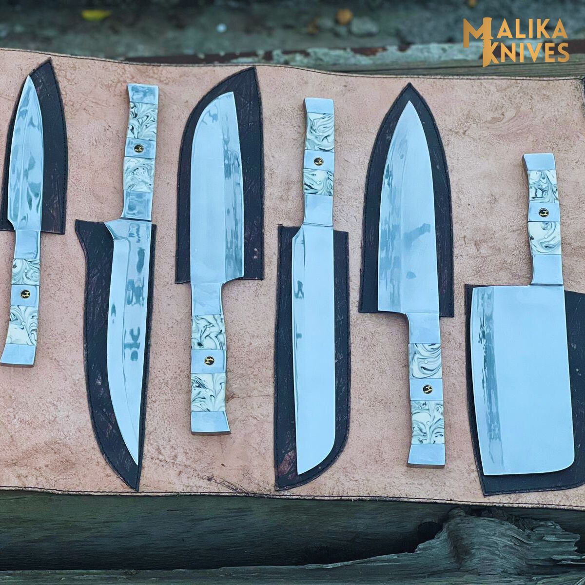 Malika Ultimate Küchenmesserset: Premium Black & White Kollektion mit Lederetui -0205