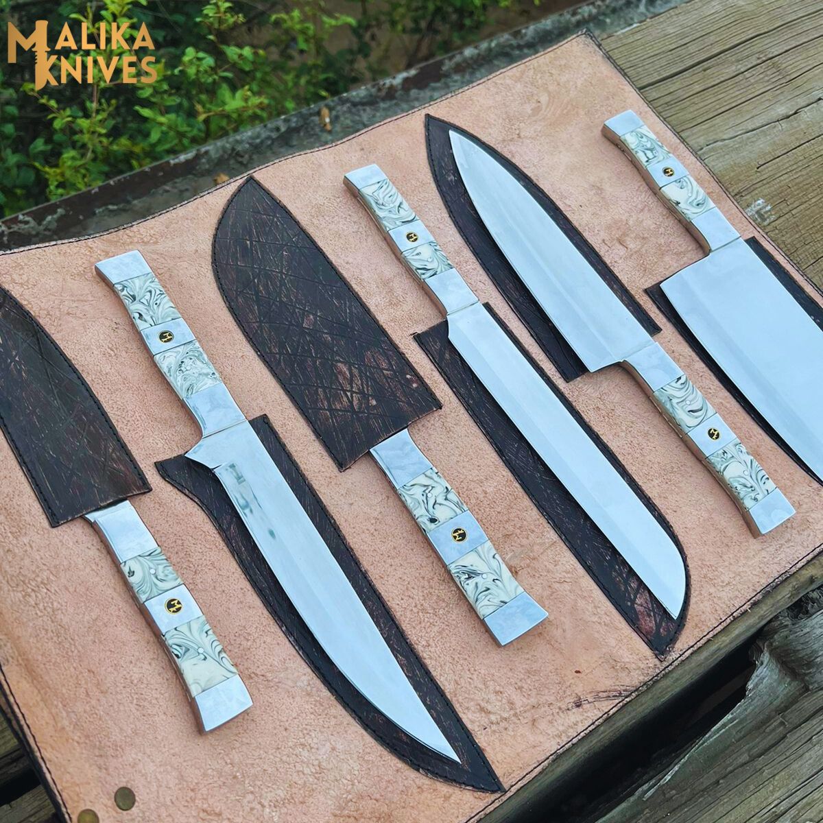 Malika Ultimate Küchenmesserset: Premium Black & White Kollektion mit Lederetui -0205
