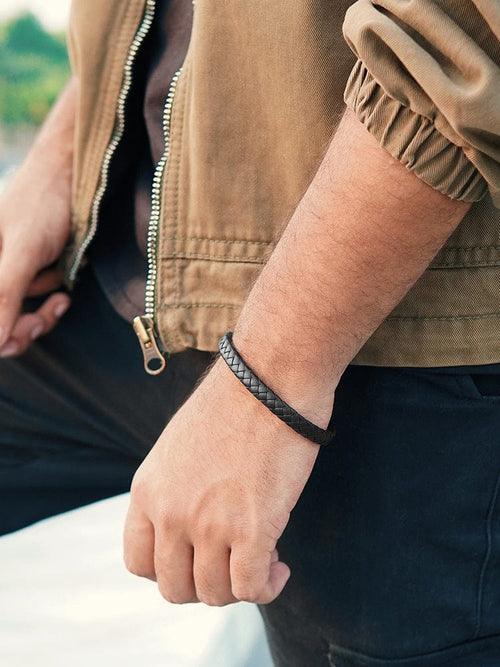 7mm Black Braided Leather Bracelet