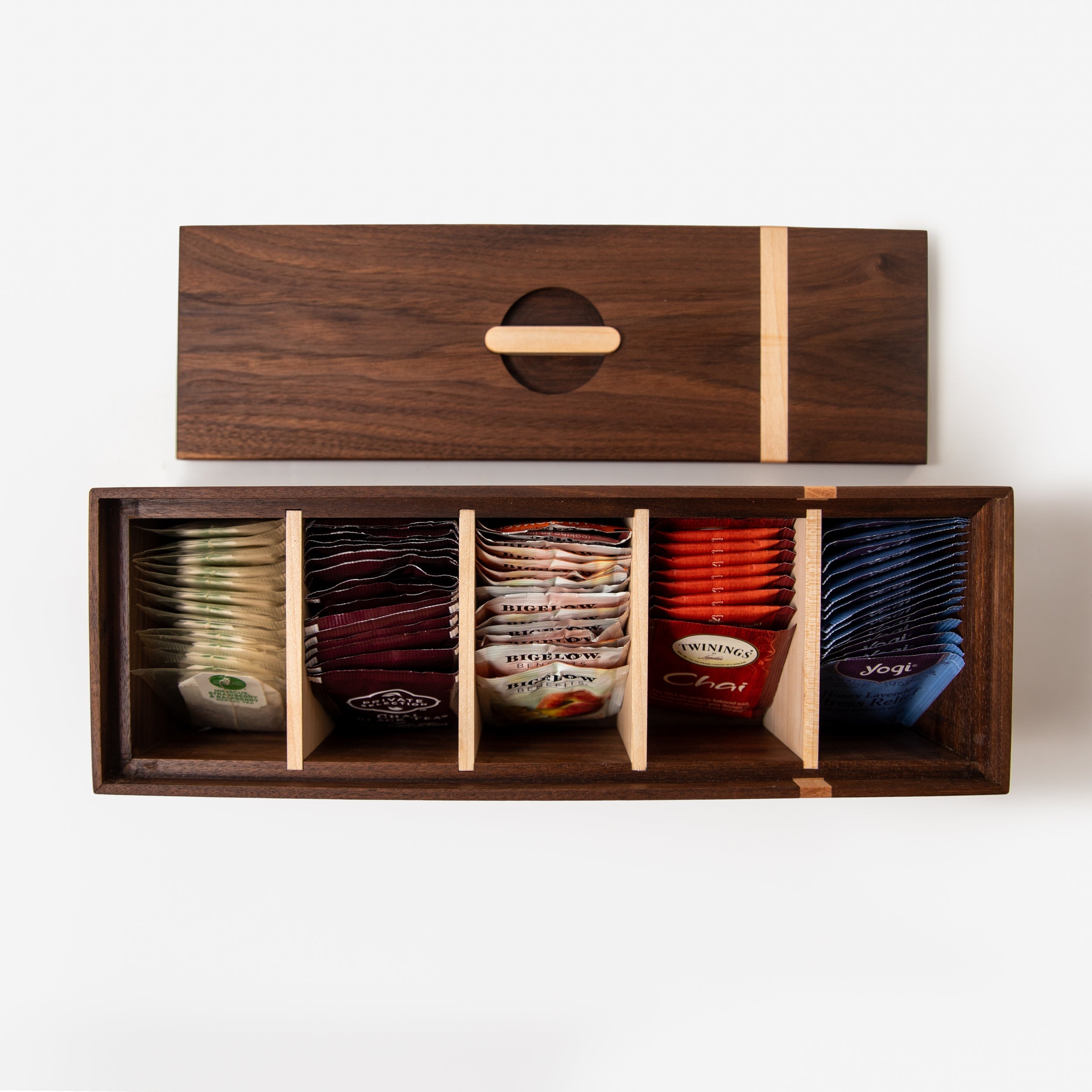 Teebox – Schwarznuss und Ahorn – 5 Fächer