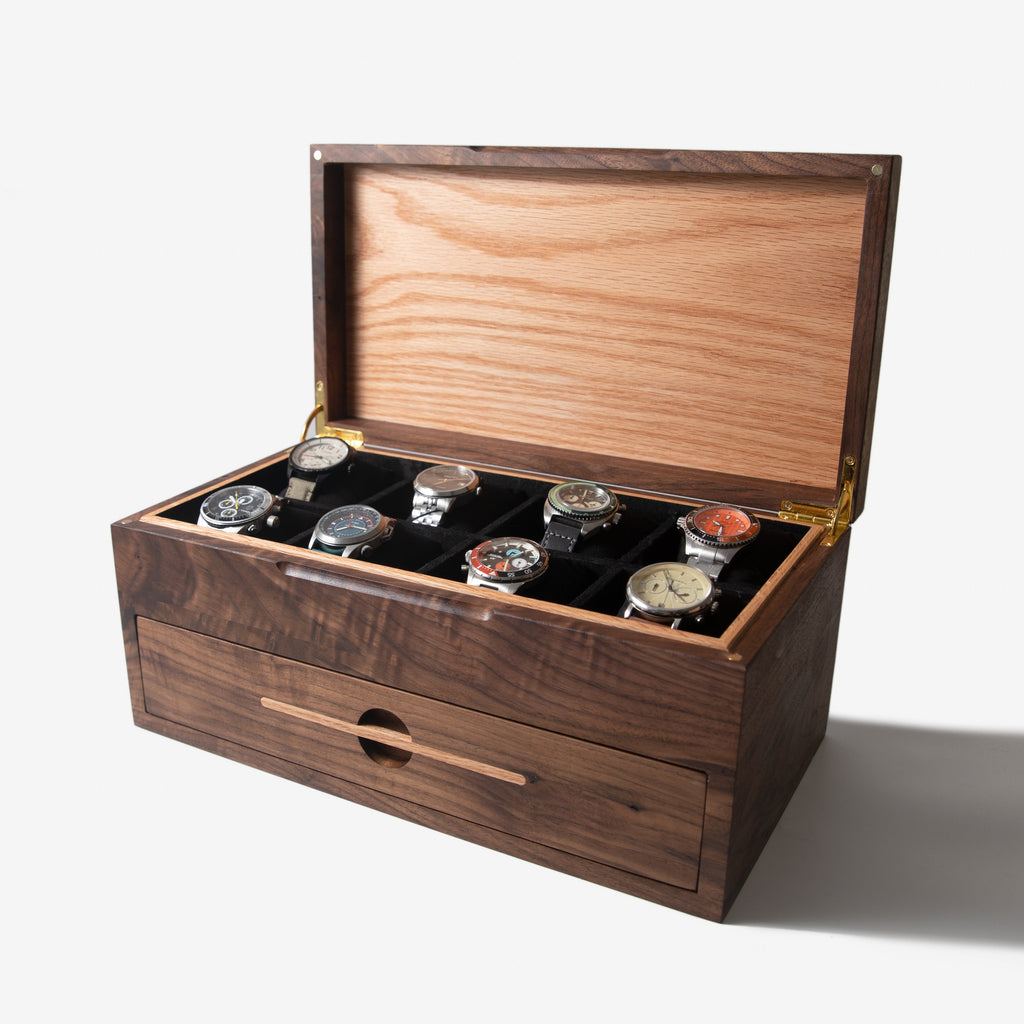 Caja para relojes con cajón - Nogal negro y roble - De 12 a 16 compartimentos para relojes