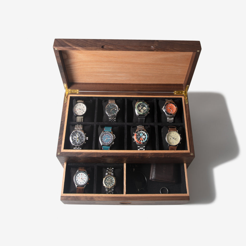 Caja para relojes con cajón - Nogal negro y roble - De 12 a 16 compartimentos para relojes