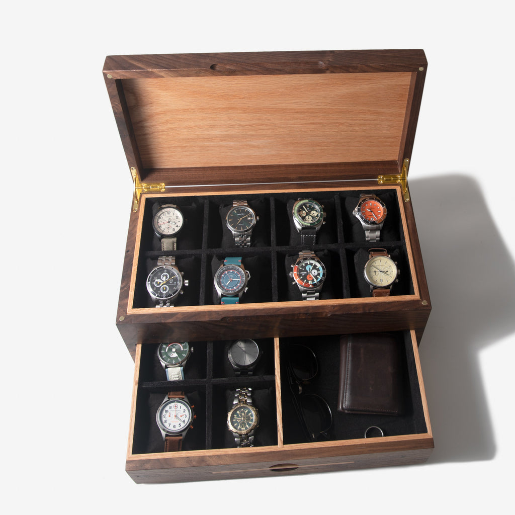 Caja para relojes con cajón - Nogal negro y roble - De 12 a 16 compartimentos para relojes