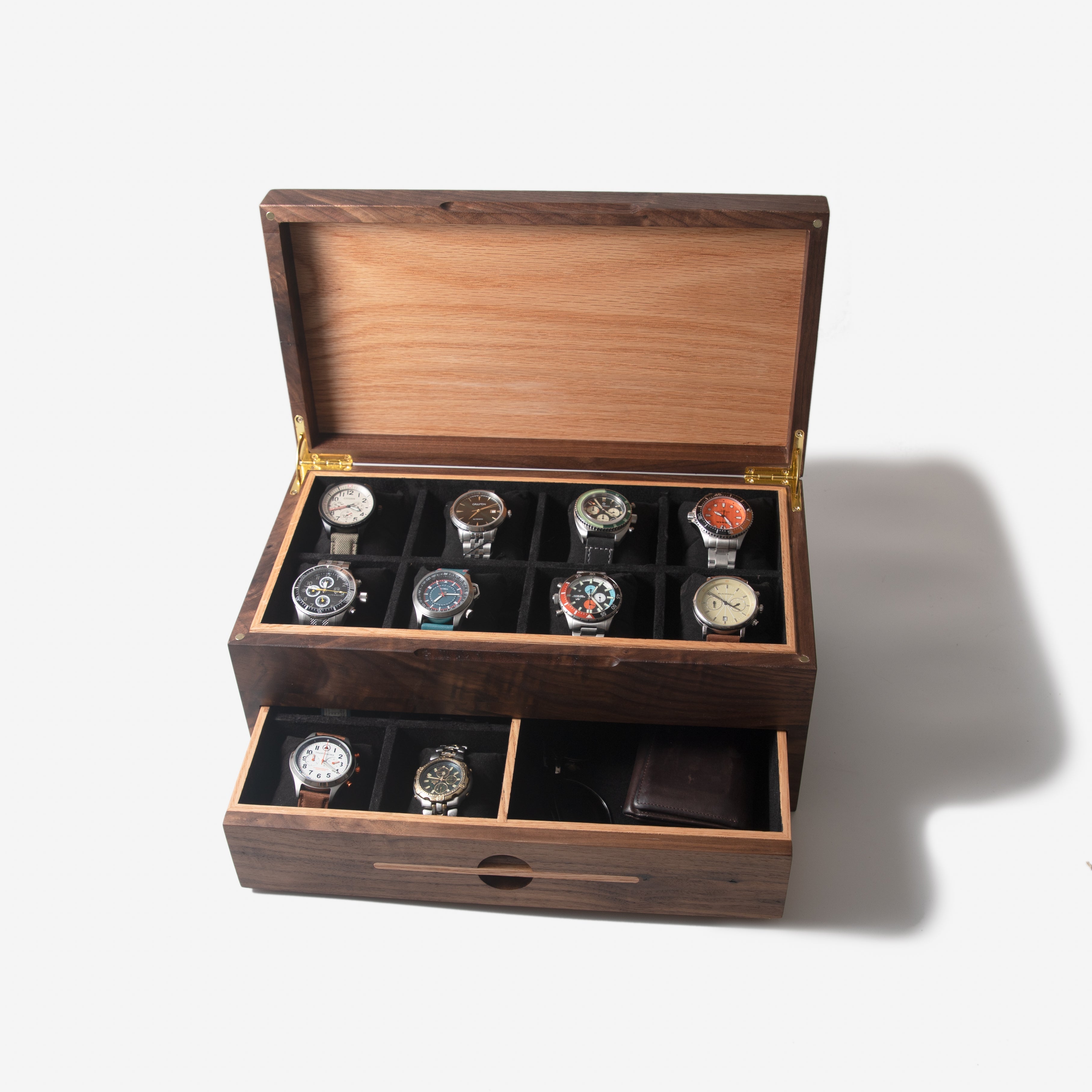 Caja para relojes con cajón - Nogal negro y roble - De 12 a 16 compartimentos para relojes