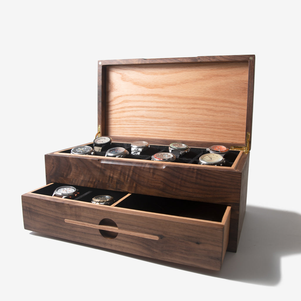 Caja para relojes con cajón - Nogal negro y roble - De 12 a 16 compartimentos para relojes