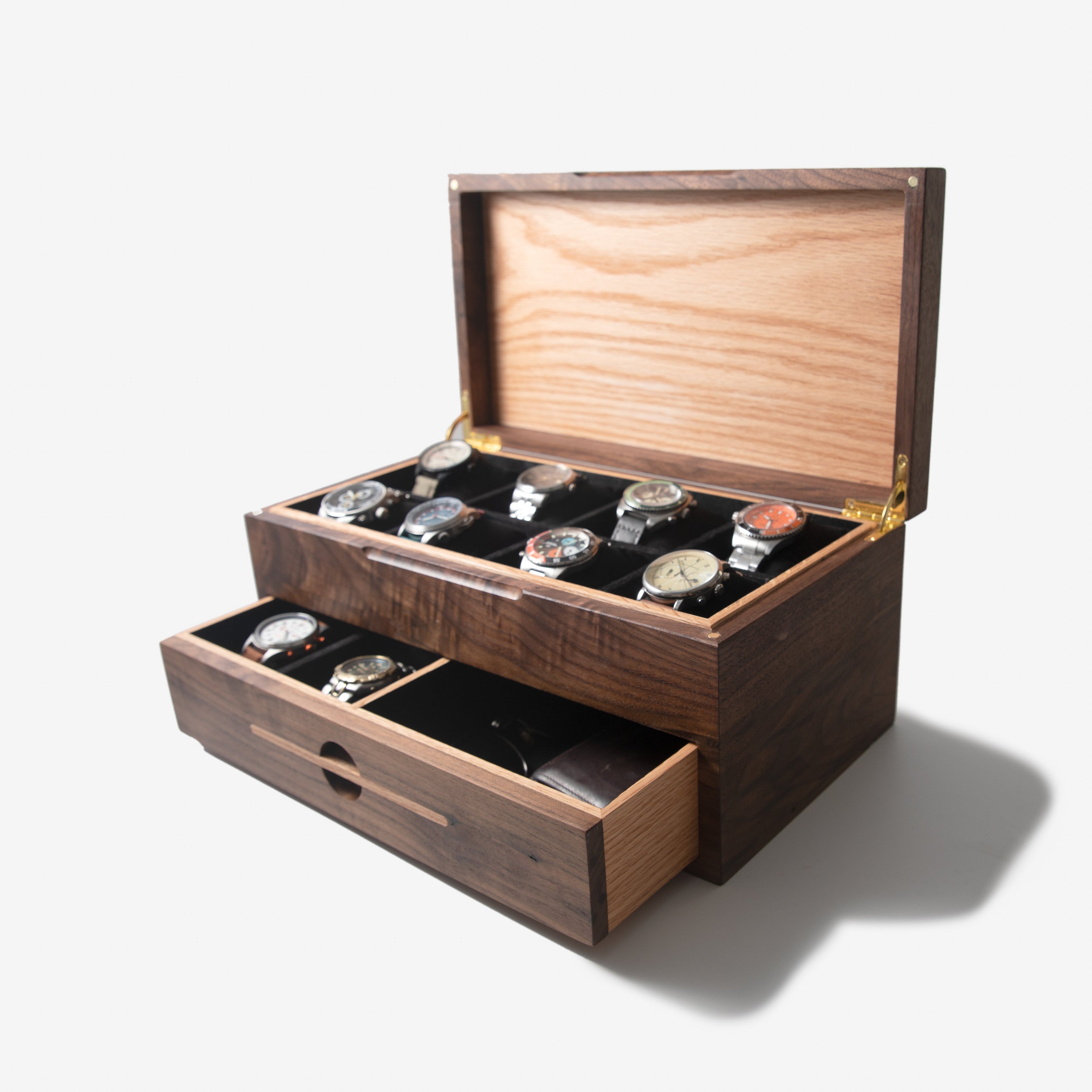 Caja para relojes con cajón - Nogal negro y roble - De 12 a 16 compartimentos para relojes