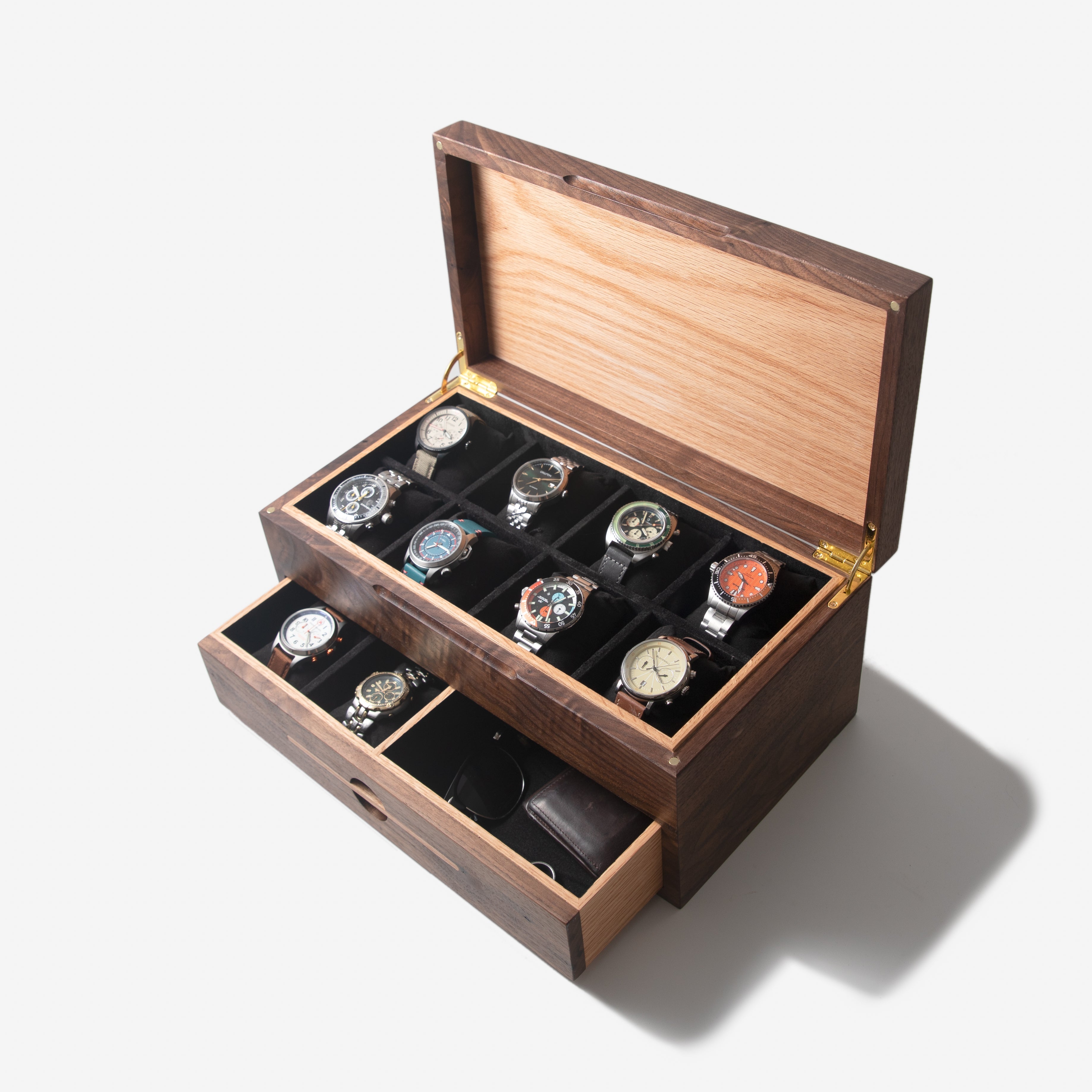 Caja para relojes con cajón - Nogal negro y roble - De 12 a 16 compartimentos para relojes