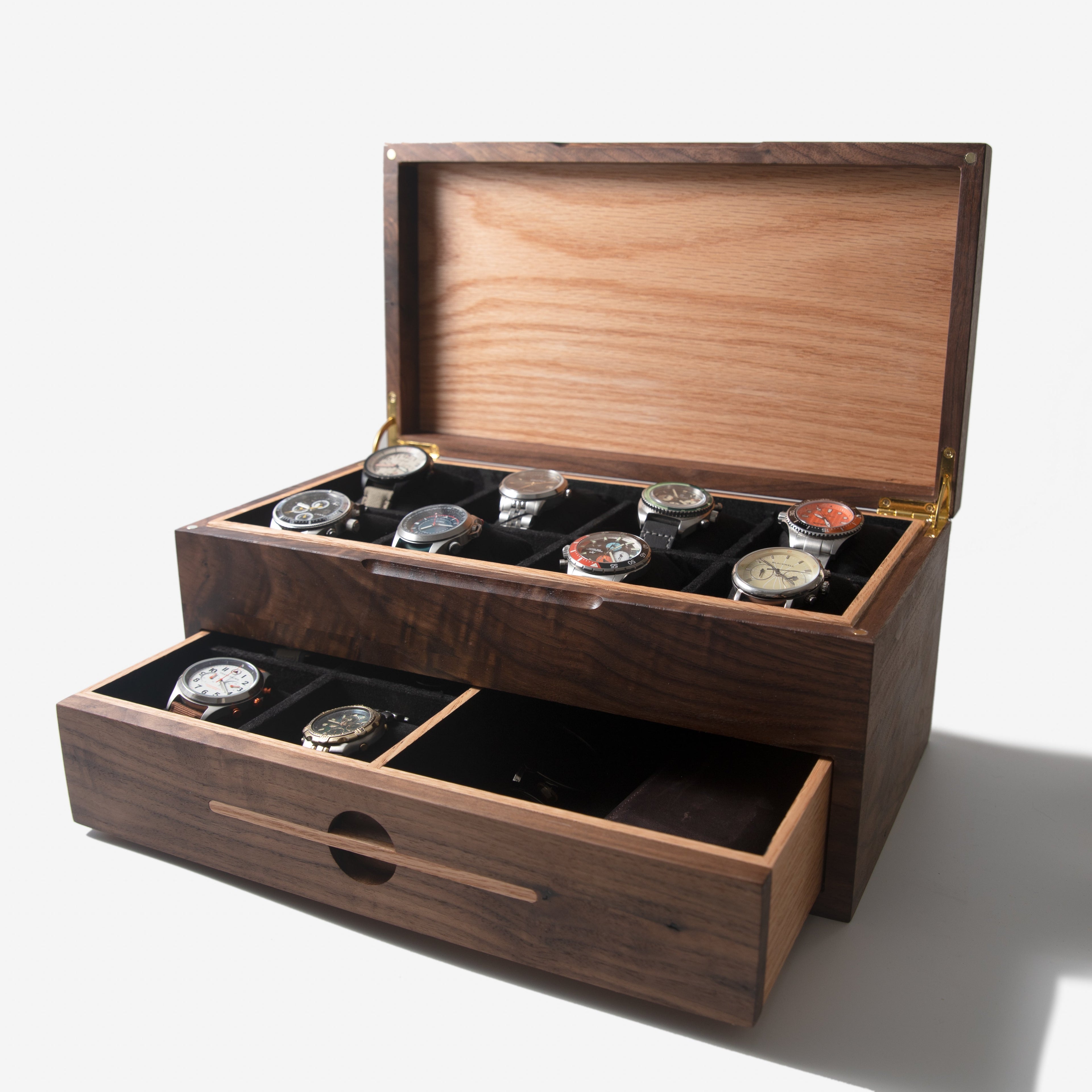 Caja para relojes con cajón - Nogal negro y roble - De 12 a 16 compartimentos para relojes