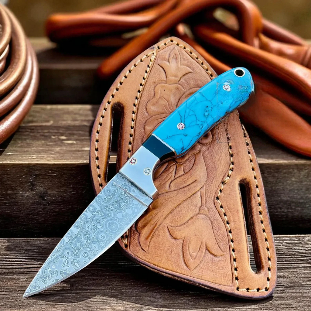 Cowboy Jagdmesser Damaststahl Marmorgriff