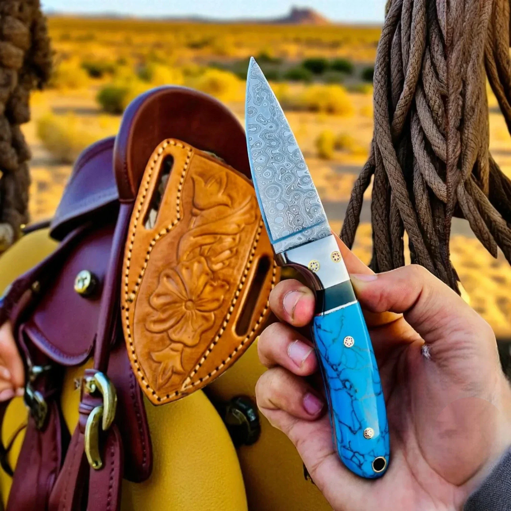 Cowboy Jagdmesser Damaststahl Marmorgriff