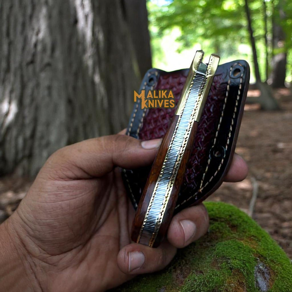 Navaja plegable de acero de Damasco grabada a mano – EDC personalizada con mango de madera grabado-8010