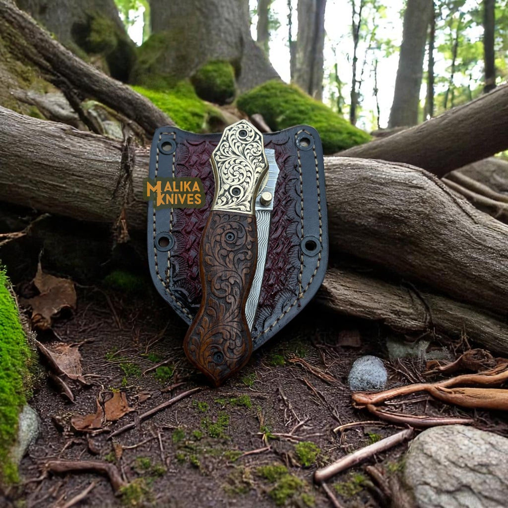 Navaja plegable de acero de Damasco grabada a mano – EDC personalizada con mango de madera grabado-8010
