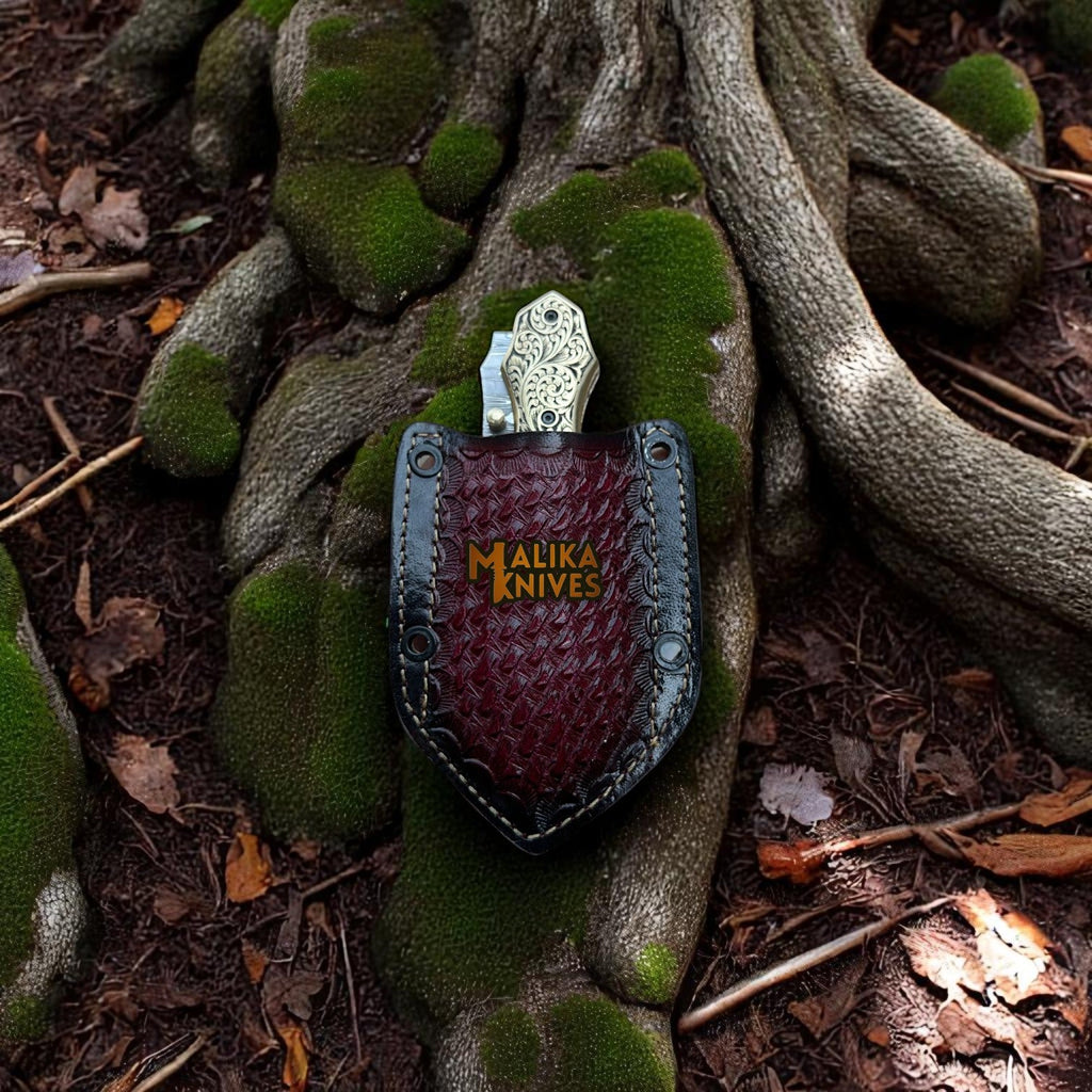 Navaja plegable de acero de Damasco grabada a mano – EDC personalizada con mango de madera grabado-8010