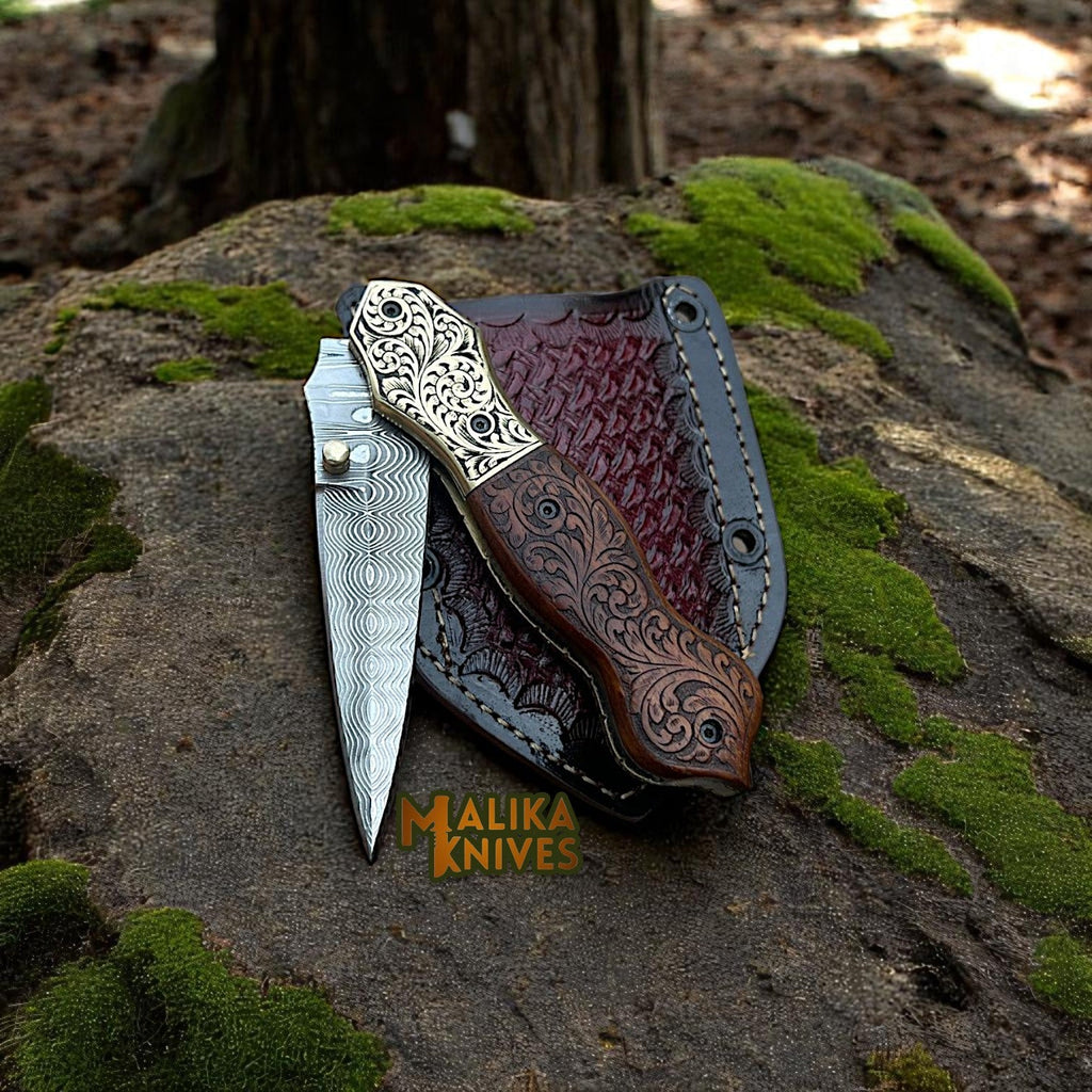 Navaja plegable de acero de Damasco grabada a mano – EDC personalizada con mango de madera grabado-8010