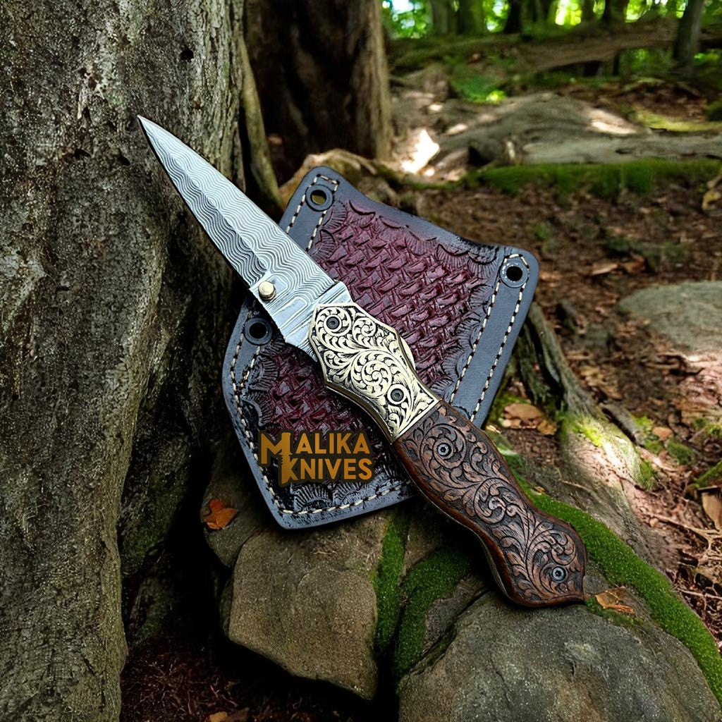 Navaja plegable de acero de Damasco grabada a mano – EDC personalizada con mango de madera grabado-8010