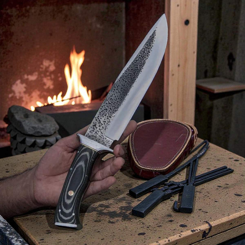 Cuchillo Bowie de acero D2, mango de G10, funda de cuero