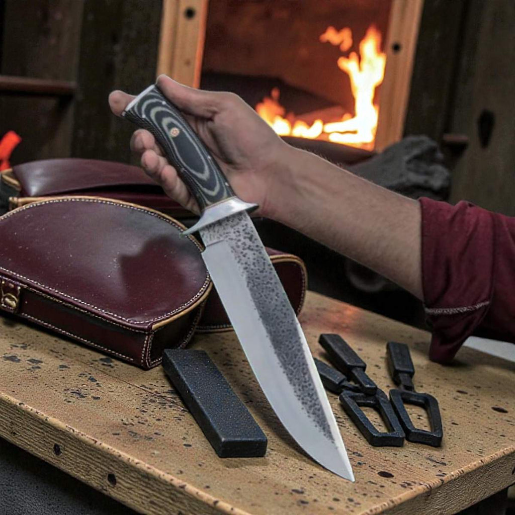 Cuchillo Bowie de acero D2, mango de G10, funda de cuero