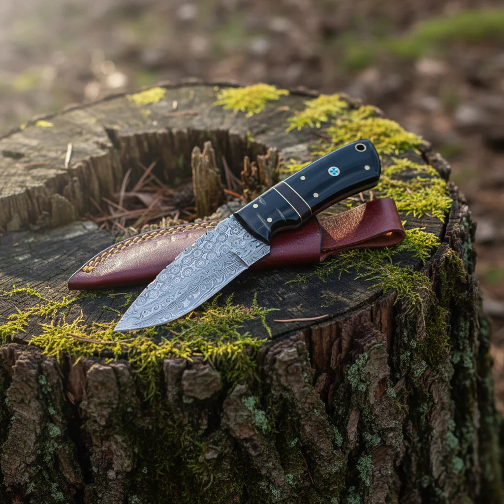 Damast Jagdmesser Bull Horn Griff Kompakt