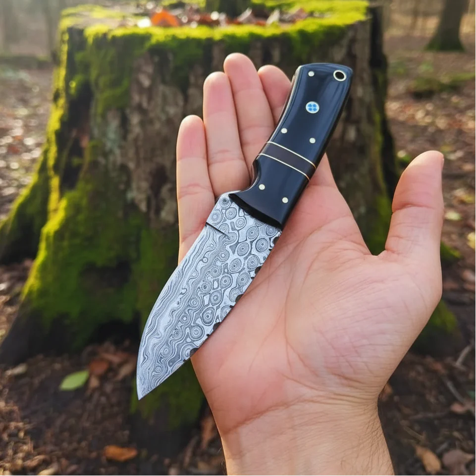 Damast Jagdmesser Bull Horn Griff Kompakt
