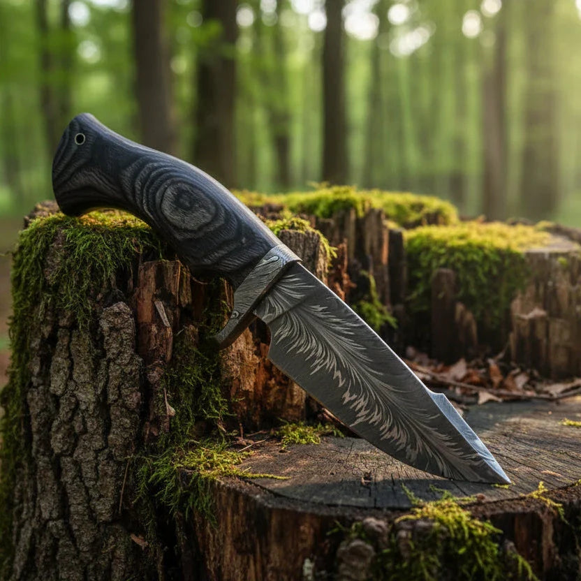 Jagdmesser aus Federdamast mit Pakkaholzgriff
