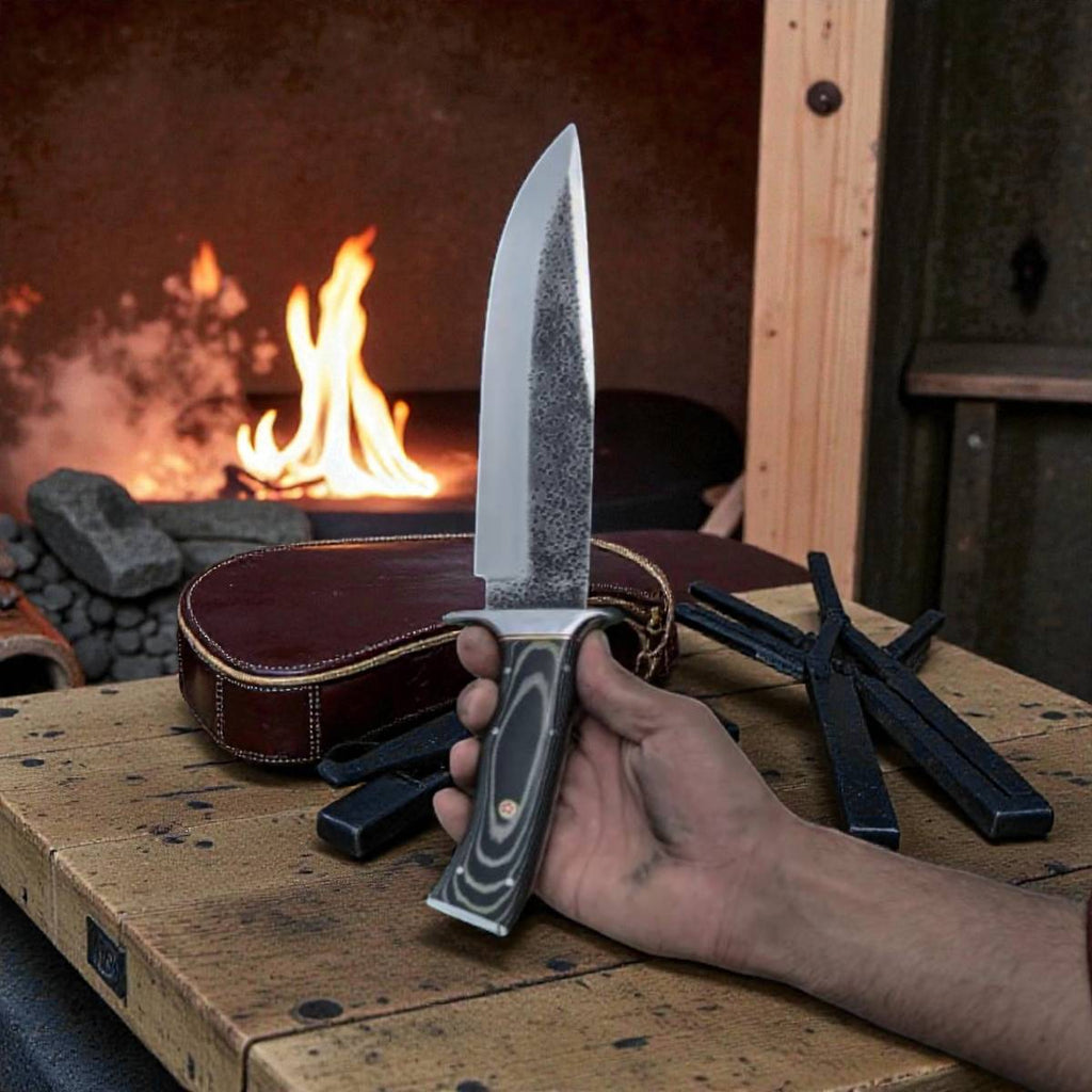 Cuchillo Bowie de acero D2, mango de G10, funda de cuero