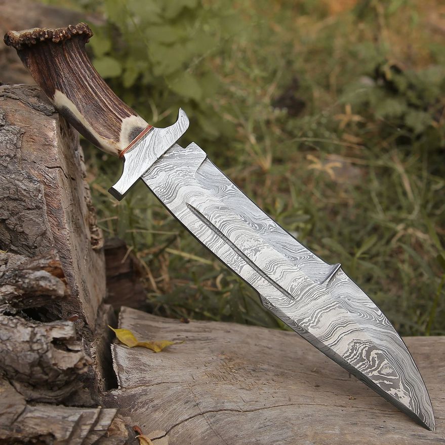 Cuchillo Bowie de Damasco con Vaina de Cuero